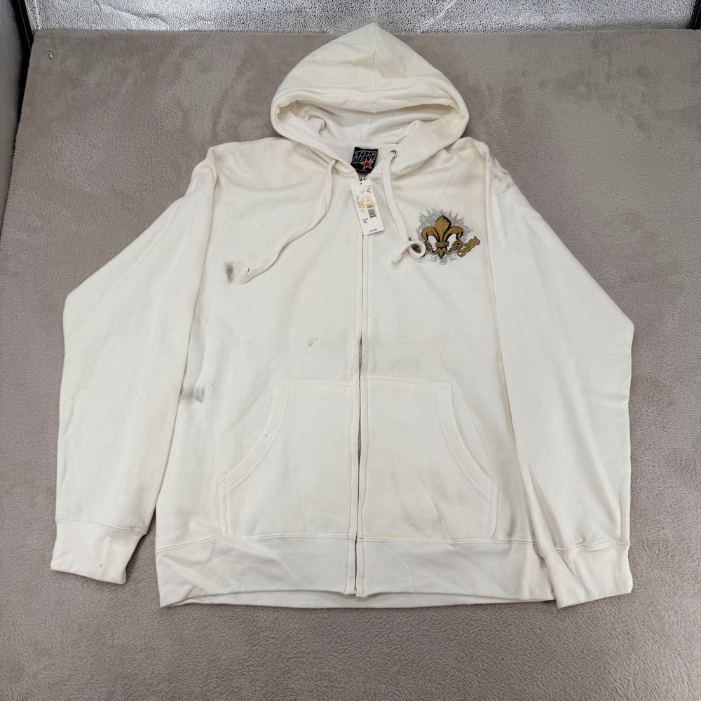NWT Top Heavy Mens Full Zip Hoodie XL White Skulls Fleur De Lis MSRP $40 Stains